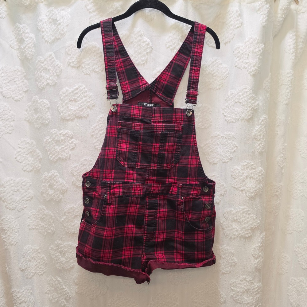 Hot Topic HT Denim Red Black Plaid Skull Shortalls Overalls Womens‎ Large LG